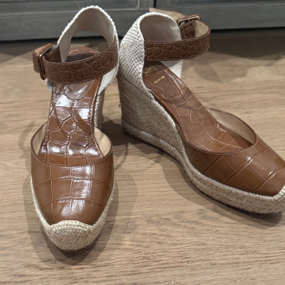Christian Louboutin Brown Croc-Embossed Wedge Sandals size 38